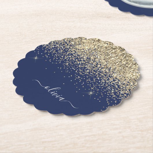 Gold Navy Blue Glitzer Script Monogram Girl Name Untersetzer (angewinkelt)
