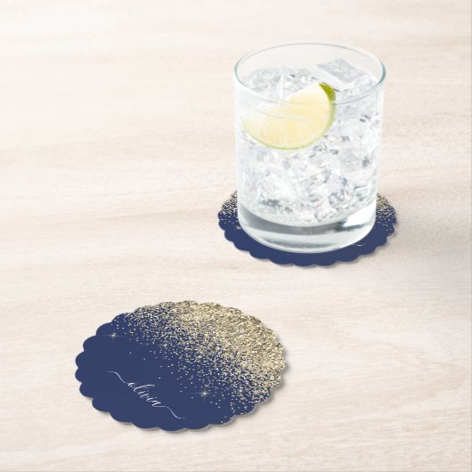 Gold Navy Blue Glitzer Script Monogram Girl Name Untersetzer (Vor Ort)