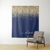 Gold Navy Blue Glitzer Script Monogram Girl Name Wandteppich (Beispiel)