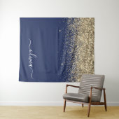 Gold Navy Blue Glitzer Script Monogram Girl Name Wandteppich (Beispiel (Horizontal))