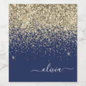 Gold Navy Blue Glitzer Script Monogram Girl Name Weinetikett (Einzelnes Label)