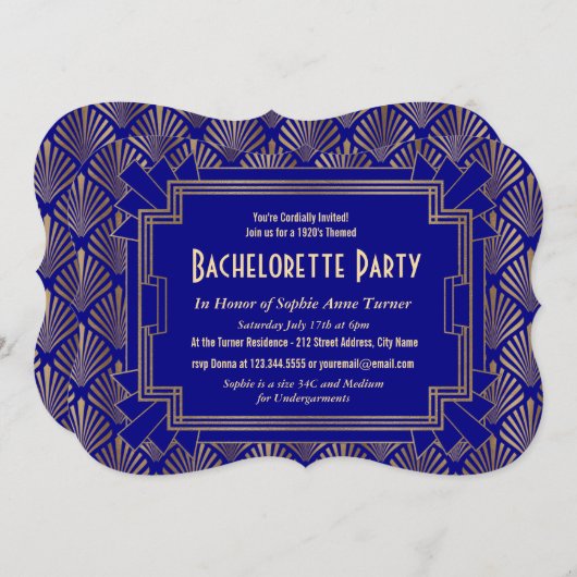 Gold Navy Blue Great Gatsby Junggeselinnen-Abschie Einladung (Vorne/Hinten)