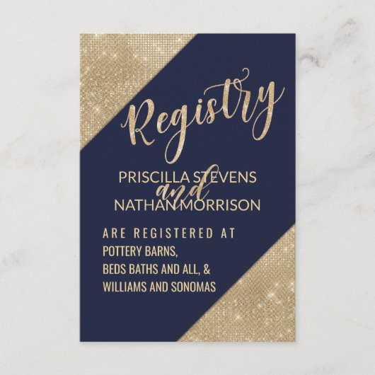 Gold Navy Blue Imitats Glitzer Sequel Gift Registr Begleitkarte (Vorderseite)
