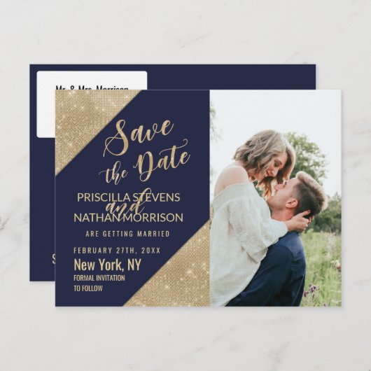 Gold Navy Blue Imitats Glitzer Sequel Save the Dat Ankündigungspostkarte (Vorne/Hinten)