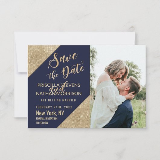 Gold Navy Blue Imitats Glitzer Sequel Save the Dat Date (Vorderseite)