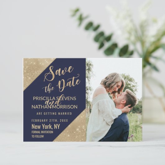Gold Navy Blue Imitats Glitzer Sequel Save the Dat Save The Date (Stehend Vorderseite)