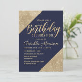 Gold Navy Blue Imitats Glitzer Sequin Birthday Einladung (Stehend Vorderseite)