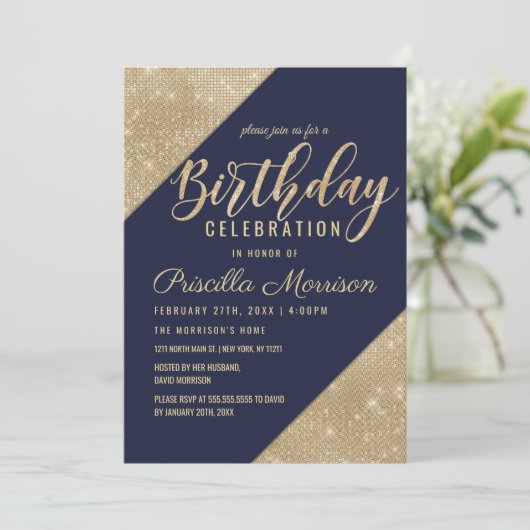 Gold Navy Blue Imitats Glitzer Sequin Birthday Einladung (Stehend Vorderseite)