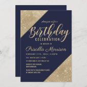 Gold Navy Blue Imitats Glitzer Sequin Birthday Einladung (Vorne/Hinten)