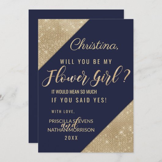 Gold Navy Blue Imitats Glitzer Sequin Flower Girl Einladung (Vorne/Hinten)