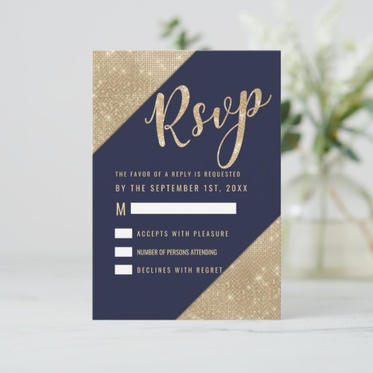 Gold Navy Blue Imitats Glitzer Sequin UAWG Einladung (Stehend Vorderseite)