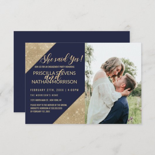 Gold Navy Blue Imitats Glitzer Sequin Verlobung Ankündigung (Vorne/Hinten)