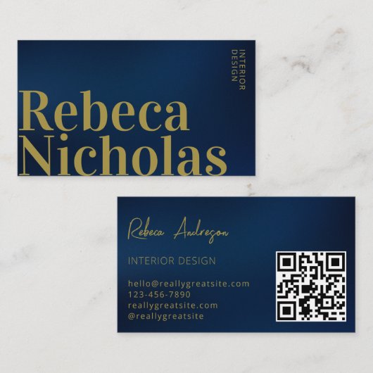 Gold Navy Blue | Minimalistischer beruflicher qr-C Visitenkarte (Vorne/Hinten)