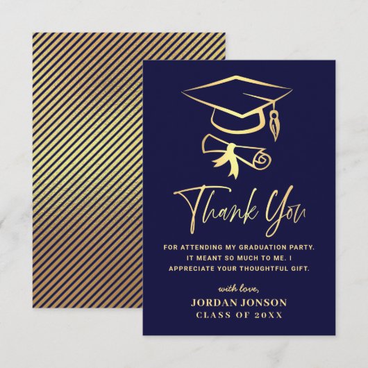 Gold Navy Blue Modern Abschluss Dankeskarte (Vorne/Hinten)