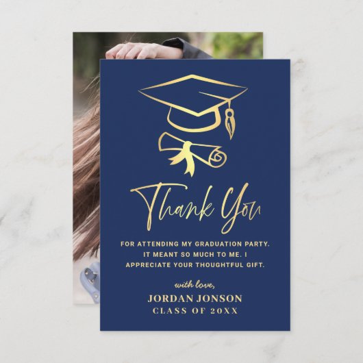 Gold Navy Blue Modern Abschluss FOTO Dankeskarte (Vorne/Hinten)