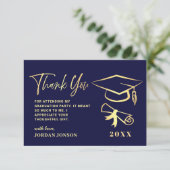 Gold Navy Blue Modern Graduation Party Dankeskarte (Stehend Vorderseite)