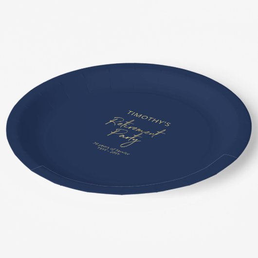 Gold & Navy Blue Modern Retirement Party Pappteller (Schrägansicht)