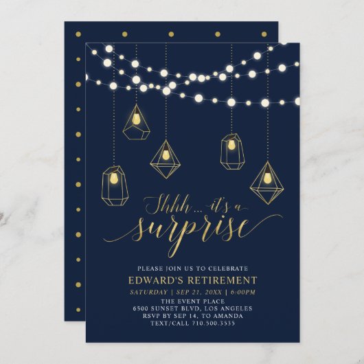 Gold & Navy Blue Modern Surprise Retirement Party Einladung (Vorne/Hinten)