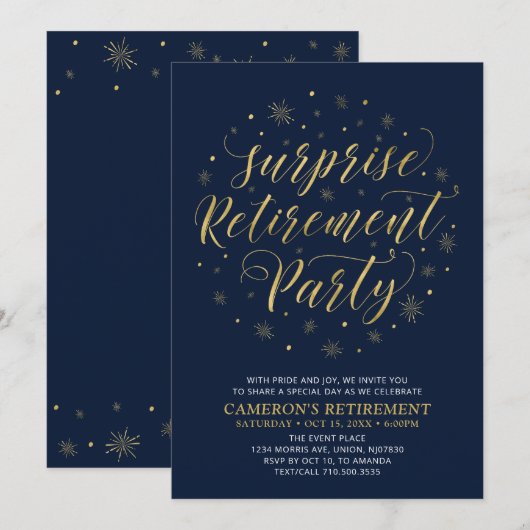 Gold & Navy Blue Modern Surprise Retirement Party Einladung (Vorne/Hinten)