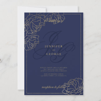 Gold navy blue monogram initals floral wedding einladung