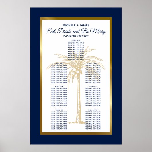 Gold Navy Blue Palm Tropical Wedding Chart Poster (Vorne)