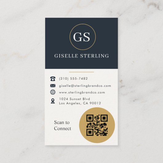 Gold & Navy Blue Photo QR Code Visitenkarte (Rückseite)