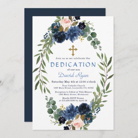 Gold Navy Blue Pink Blütendrainage Dedication Einladung (Vorne/Hinten)