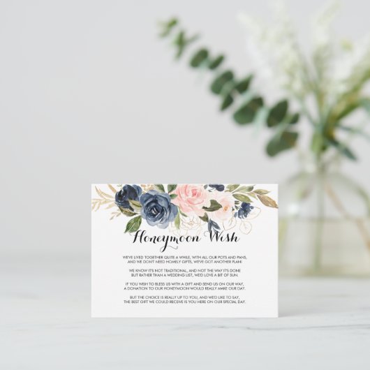 Gold Navy Blue Pink Floral Honeymoon Wish Begleitkarte (Stehend Vorderseite)