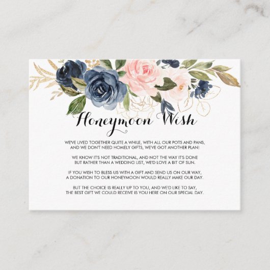 Gold Navy Blue Pink Floral Honeymoon Wish Begleitkarte (Vorderseite)