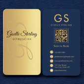 Gold Navy Blue QR Code Esthetician Monogram Visitenkarte