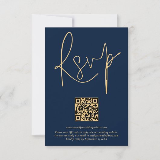 Gold Navy Blue Script Qr Code Hochzeit RSVP Karte (Vorderseite)
