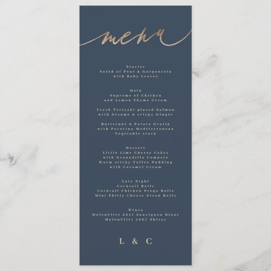 Gold Navy Blue Simple Classic Wedding Menükarte (Vorderseite)