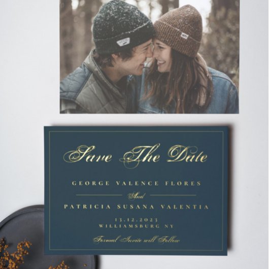 Gold Navy Blue Simple Elegant Foto Save the Date Folieneinladung