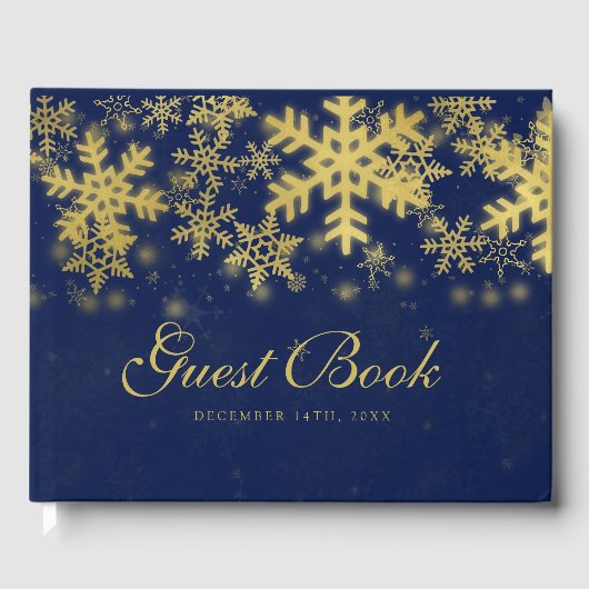 Gold + Navy Blue Snowflakes Weihnachtsgeschenk Gästebuch (Vorderseite)