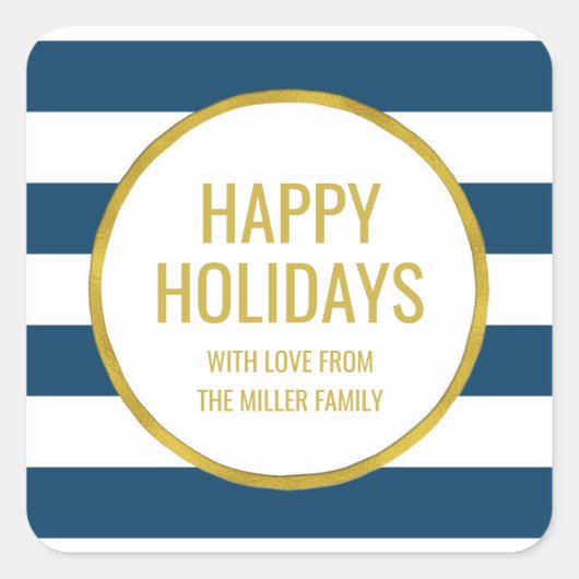 Gold Navy Blue Stripes Happy Holidays Custom Quadratischer Aufkleber (Vorderseite)