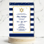 Gold Navy Blue Stripes & Star David | Bar Mitzvah Einladung<br><div class="desc">Elegantes und modernes Bar Mitzvah Design mit Imitaten goldenen Konfetti und marineblau-weiß Streifen Hintergrund. Der goldene Stern von David. Jüdisches Feierrite der Passage / Hervorkommendes Ritual im Judentum für Junge. Imitate Goldfolie-Formulierung und Konfetti. Alle Texte können mit Schriftart und Größe bearbeitet werden. Vergessen Sie nicht,  passende Gunst-Aufkleber zu erhalten.</div>