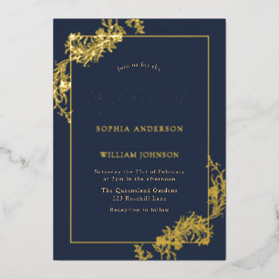 Gold Navy Blue Vintag Frame Wedding Real Folieneinladung