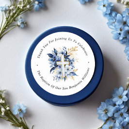 Gold & Navy Blue Watercolor Taufe Vielen Dank Runder Aufkleber