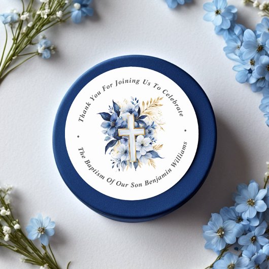 Gold & Navy Blue Watercolor Taufe Vielen Dank Runder Aufkleber