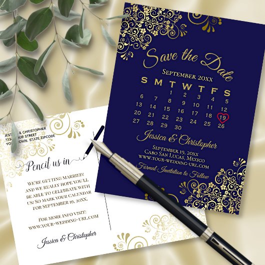Gold & Navy Blue Wedding speichern Sie den Datumsk Ankündigungspostkarte
