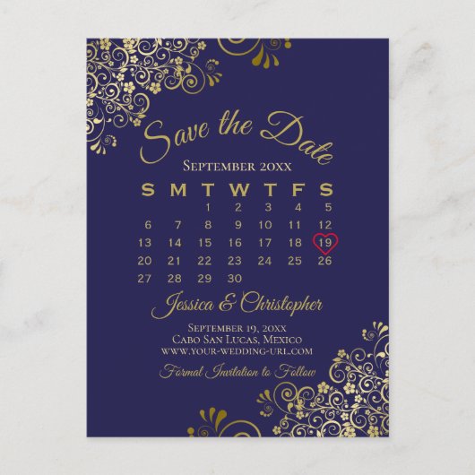 Gold & Navy Blue Wedding speichern Sie den Datumsk Ankündigungspostkarte (Vorderseite)