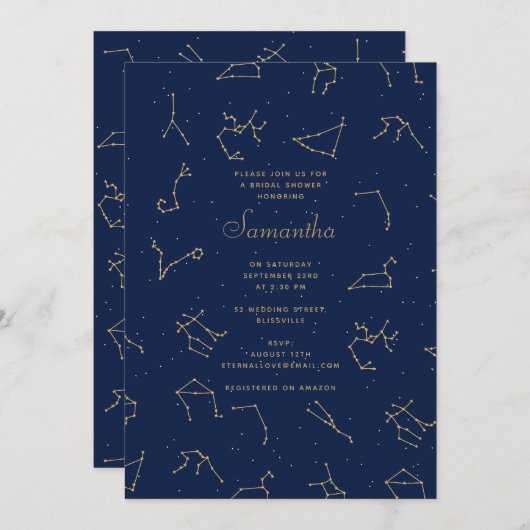 Gold Navy Blue Zodiac Constellations Brautparty Einladung (Vorne/Hinten)