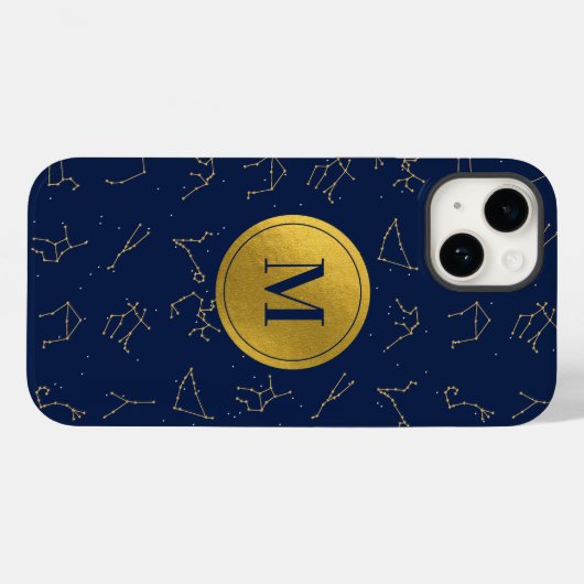 Gold & Navy Blue Zodiac Constellations Monogram Case-Mate iPhone Hülle (Rückseite (Horizontal))