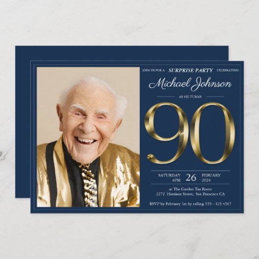 Gold Navy BlueÜberraschung 90. Geburtstag Einladung (Vorne/Hinten)