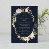 Gold Navy Blush Hochzeit Blumenfoliage Folieneinladung (Stehend vorne)