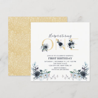 Gold & Navy Boho Floral 1. Geburtstag Platz Einladung