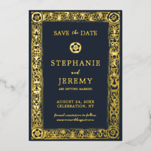 Gold Navy Botanical Floral Save the Date Folieneinladung