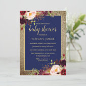 Gold Navy Burgundy Floral Baby Shower einladen Einladung (Stehend Vorderseite)