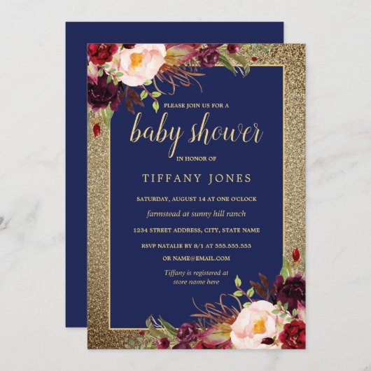 Gold Navy Burgundy Floral Baby Shower einladen Einladung (Vorne/Hinten)