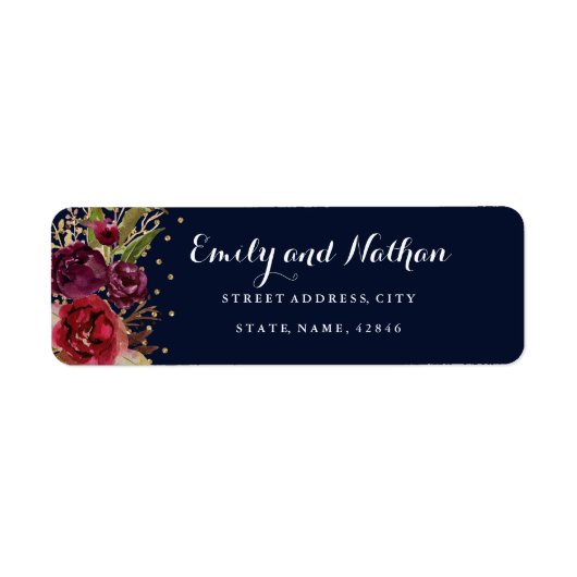 Gold Navy Burgundy Floral Return Address Label (Vorne)